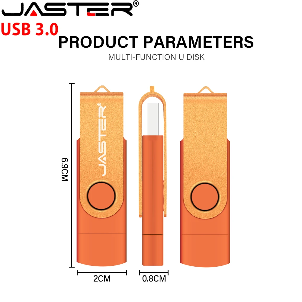 JASTER TYPE-C USB 3.0 플래시 드라이브, 다채로운 회전식 메모리 스틱, 무료 커스텀 로고 펜드라이브, 2 in 1, 128GB, 64GB, 32GB, 크리에이티브 선물