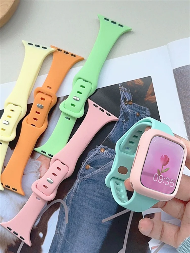 Korea Slim Candy Color Cute Silicone Case + Strap For Apple Watch Band 49mm 45 44 41 42 Correa Band For Watch Series 9 8 7 SE 6