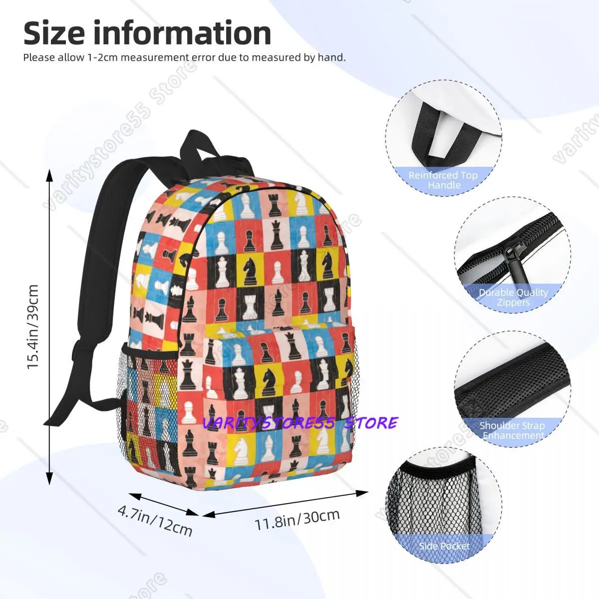 Distressed Chess Pieces Color Block Checkerboard Backpack Student Boy Girl BookBag School Bag Laptop Shoulder Bags for Men Women