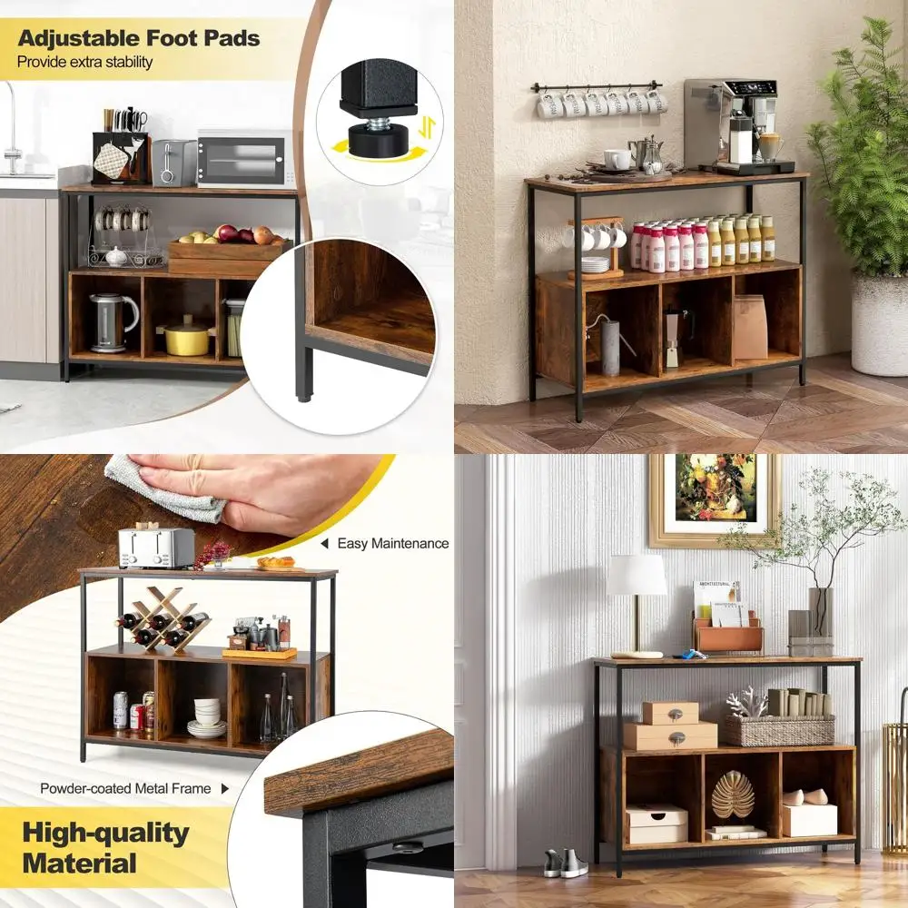 

Rustic Brown Modern Buffet Cabinet with 1 Shelf & 3 Storage Cubbies for Kitchen, Dining, Living Room, and Entryway