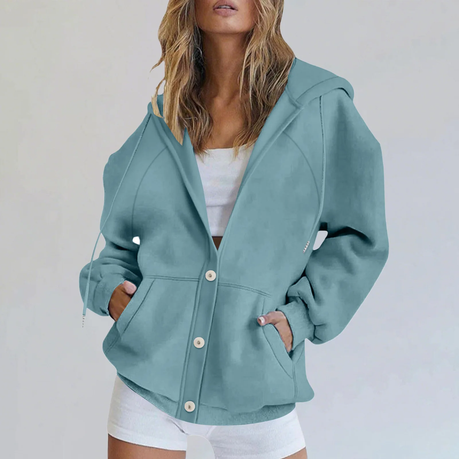Chaquetas De Invierno Mujer Button Placket Single-breasted Pocket Solid Color Versatile Long-sleeved Hooded Sweatshirt Chaqueta