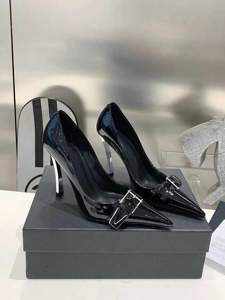 

2025 New Pointed Toe Metal Nelt Buckle Patent Leather Women Single Shoes Sexy Lady Black Silk Stilettos Banquet Dress High Heels