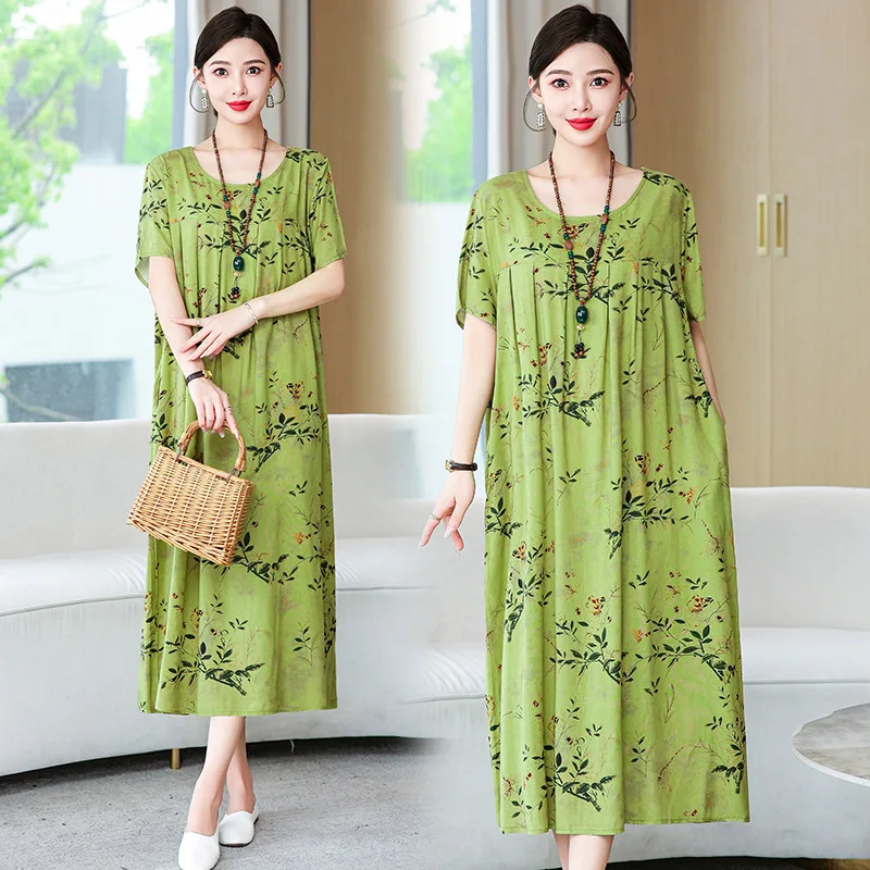 

Cotton Linen Dress For Women Plus Size Flowy Loose Fit Casual Summer Dress With Floral Print Concealing Belly Long Maxi Dress