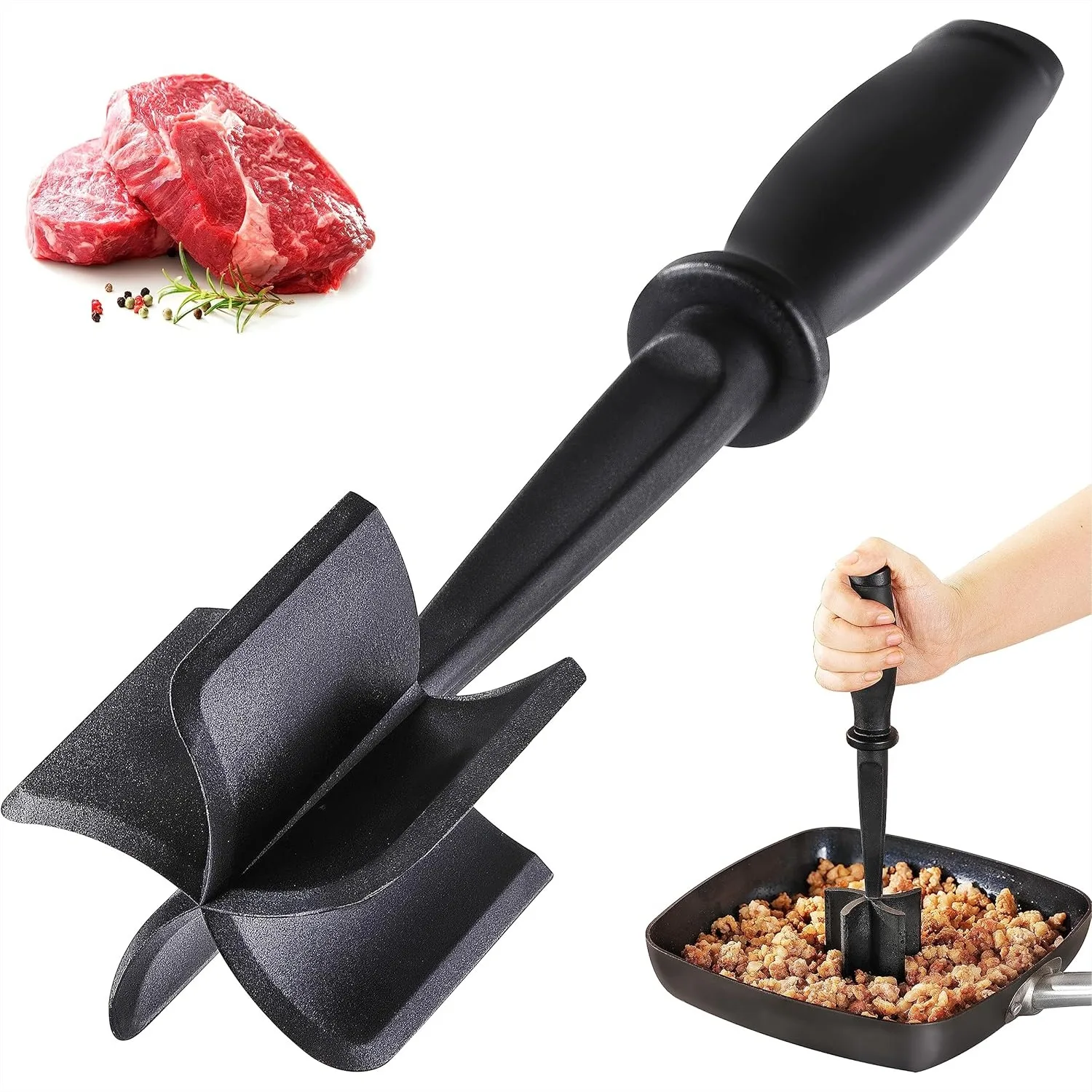 

Meat Chopper for Ground Beef, Heat Resistant 5 Curved Blades Nylon Spatula, Mix and Chop Kitchen Tool