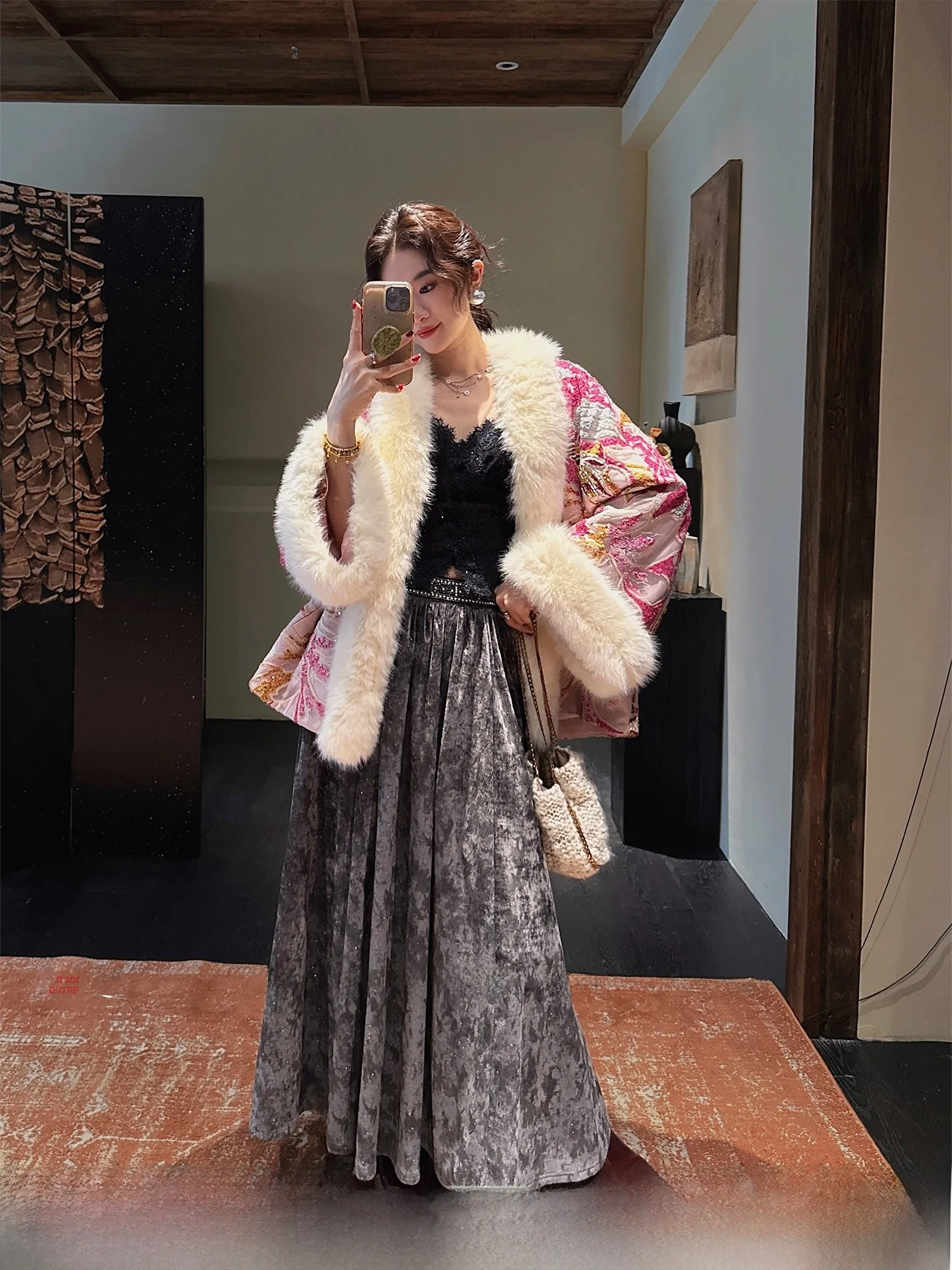 Stunning A-Line Velvet Skirt Tee Ji Bla Flower Chinese Sle Stir-Fried Flower f-length Autumn Winter Women's New Model