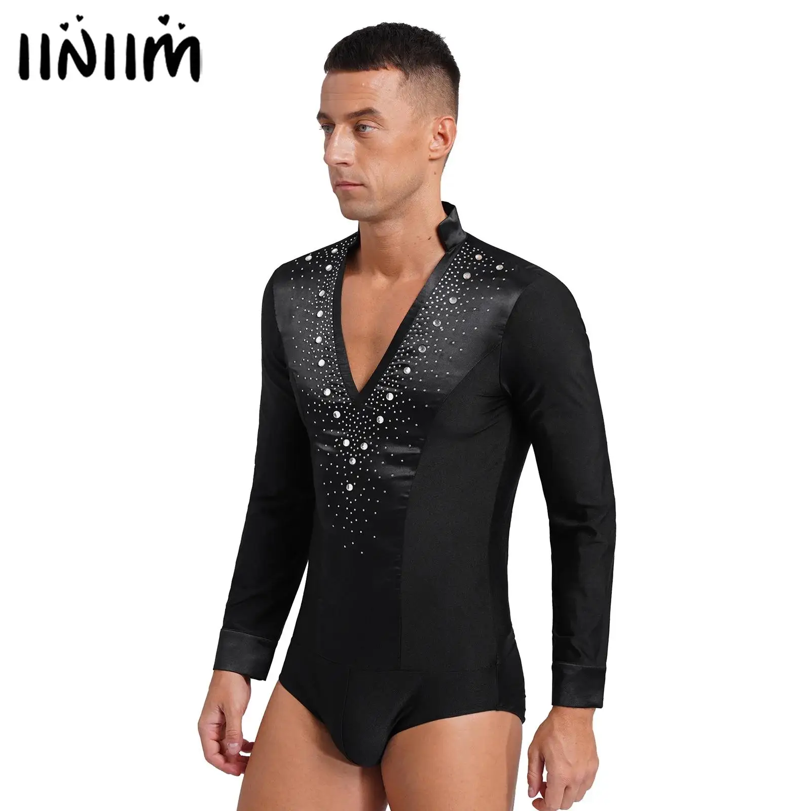 Costume de spectacle de gymnastique artistique pour hommes, patinage artistique, paillettes scintillantes, Ballet, danse Tango latine, justaucorps, chemises