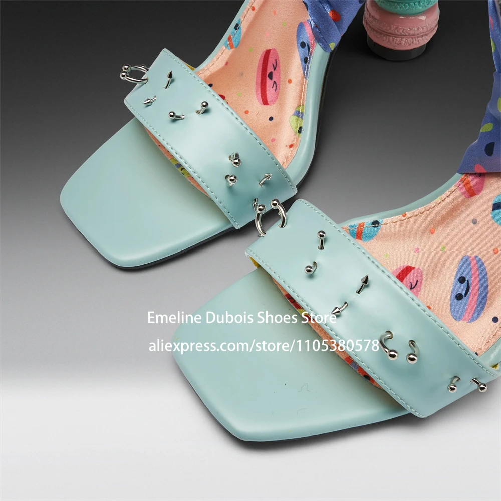 Mint Green Polka Dot Ankle Wrap Ribbon High Heel Sandals Open Toe Macaron Stack Sculptural Heel Sandals Sweet Party Women Shoes