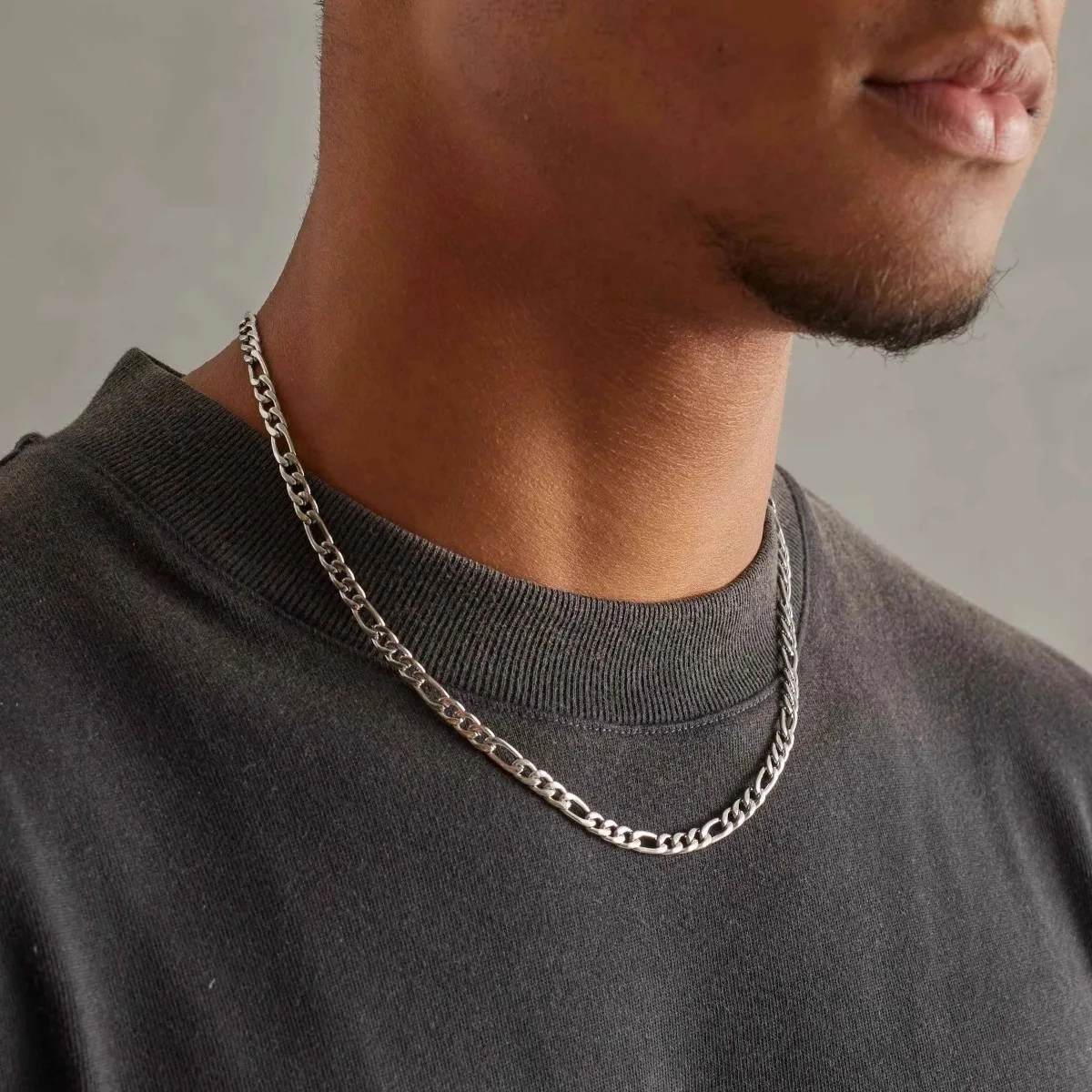 Figaro Chain Necklace Stainless Steel Silvery Cuban Chain Fashion Men and Women Flat Chain 3:1 Hip Hop Style Cool Design Jewelry