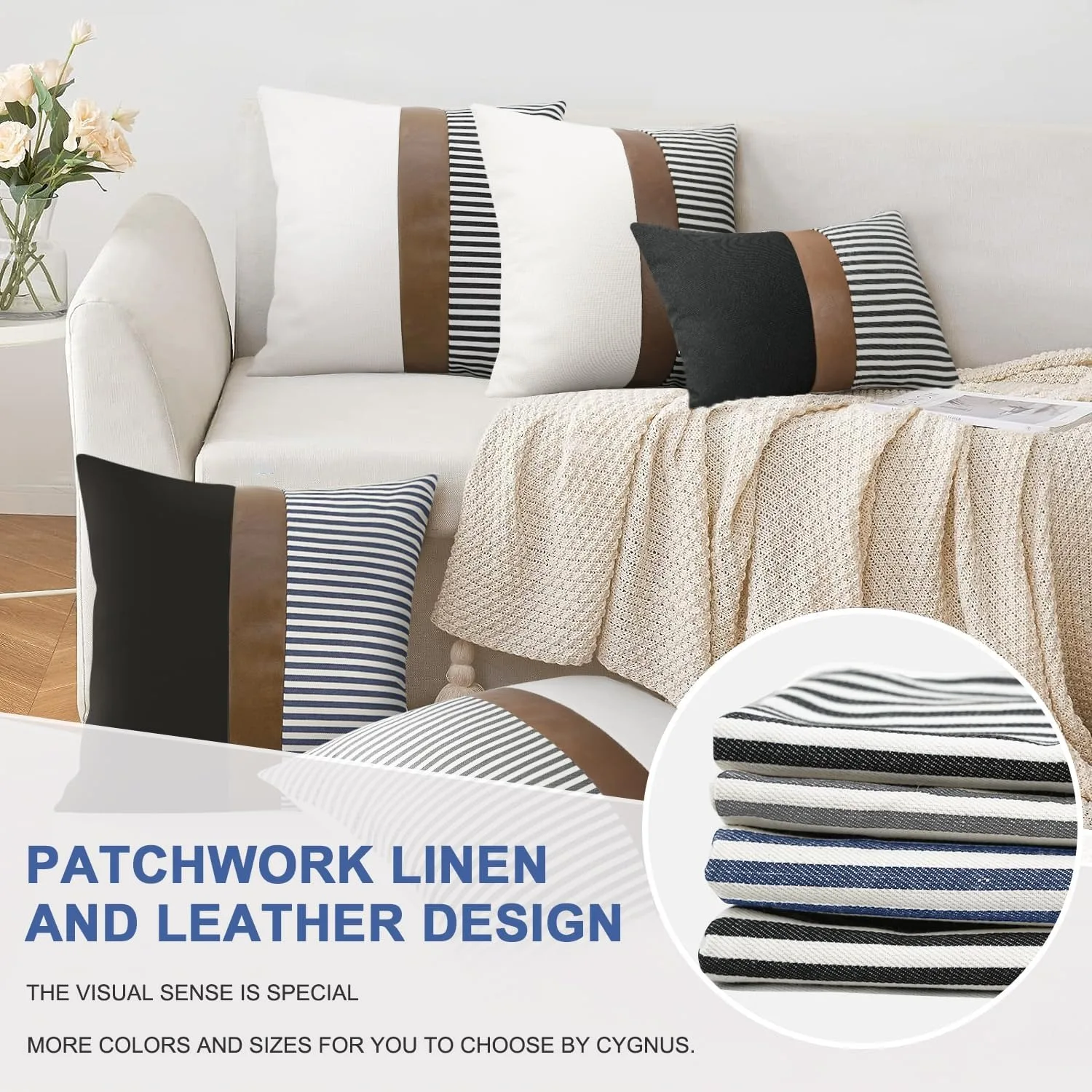 18x18 Inch Gray Light Luxury Stripe Patchwork Linen Throw PillowCovers Farmhouse Tan Faux Leather Splicing Stripe Pillow Covers
