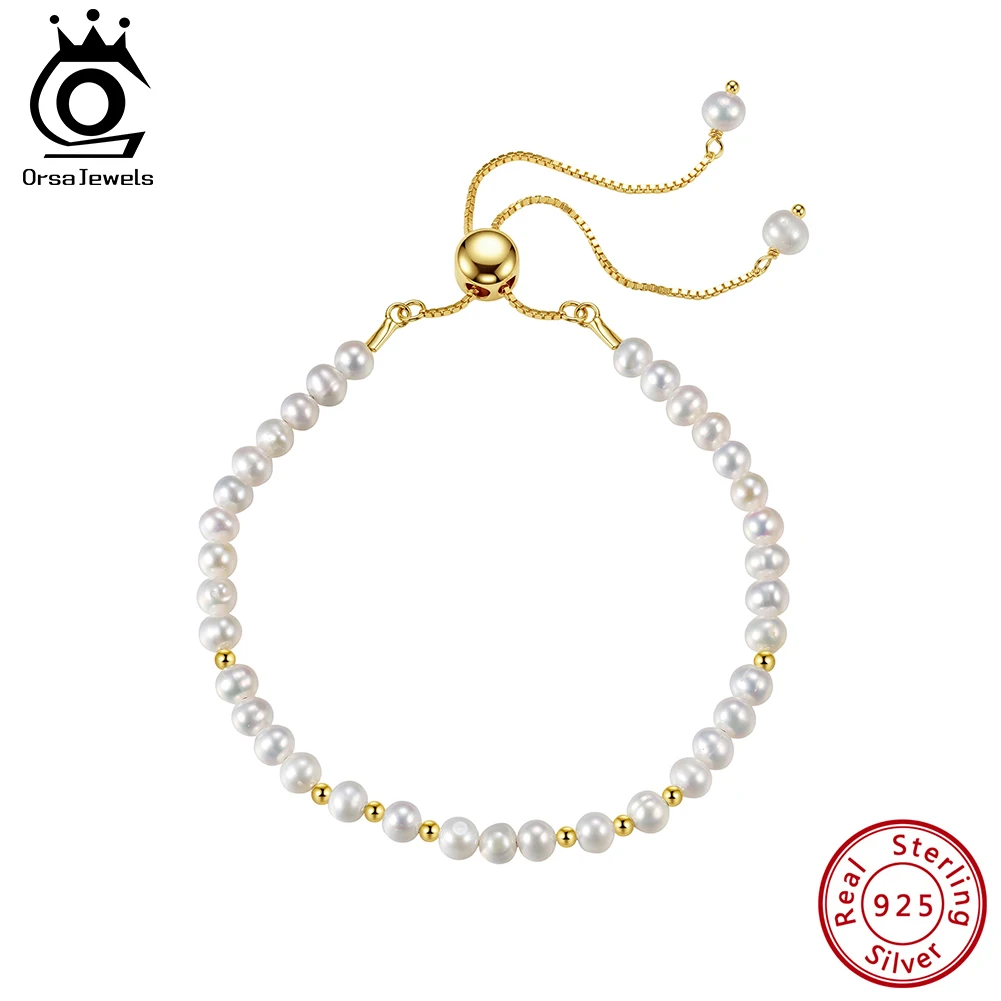 

ORSA JEWELS 925 Sterling Silver Natural Freshwater Pearl Bracelet with Silver Bead Link Chain for Women Fine Jewelry GPB52