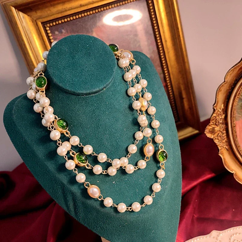 

2023 Vintage Baroque Green Simple Double-Sided Imitation Pearl Colored Glaze Layer Necklace Sweater Chain Women's Waist Chain