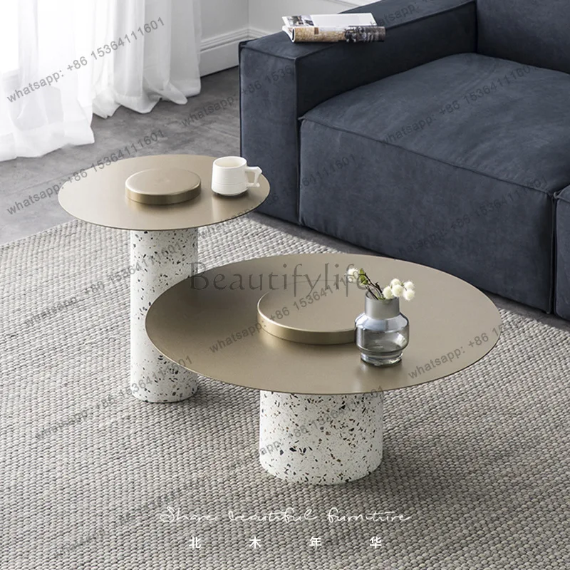 Simple round coffee table tall and short combination terrazzo metal art creative designer