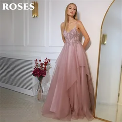 ROSES Pink Lovely Evening Dress Sweetheart Spaghetti Straps Prom Dress for Woman Shiny Sequins Prom Gown with Beadings 프롬 드레스