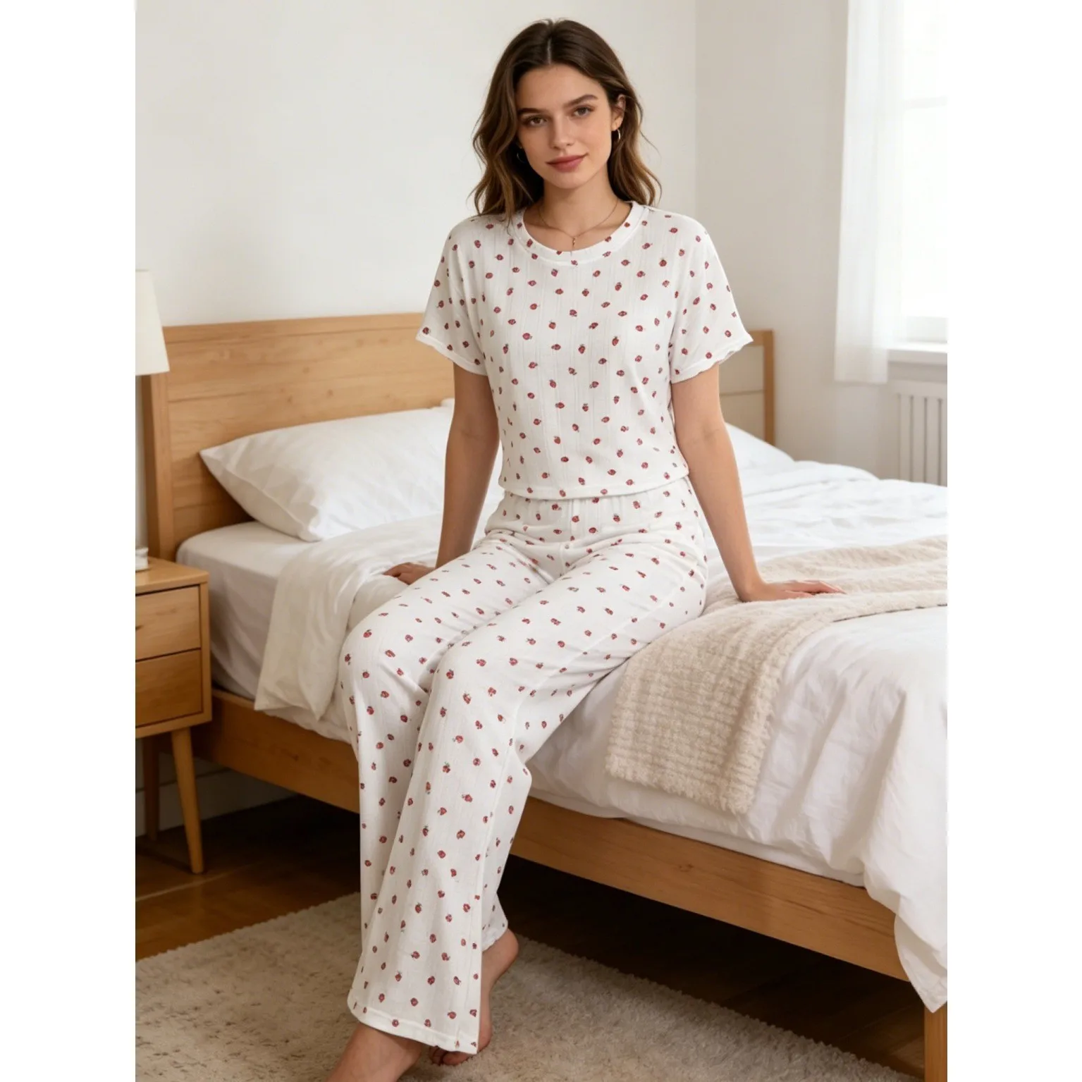 Summer Women Matching Pajama Crop Top Sleepwear Set Wide Leg Pants Loungewear Set Two Piece Relaxed Fit Women's Home Clothes