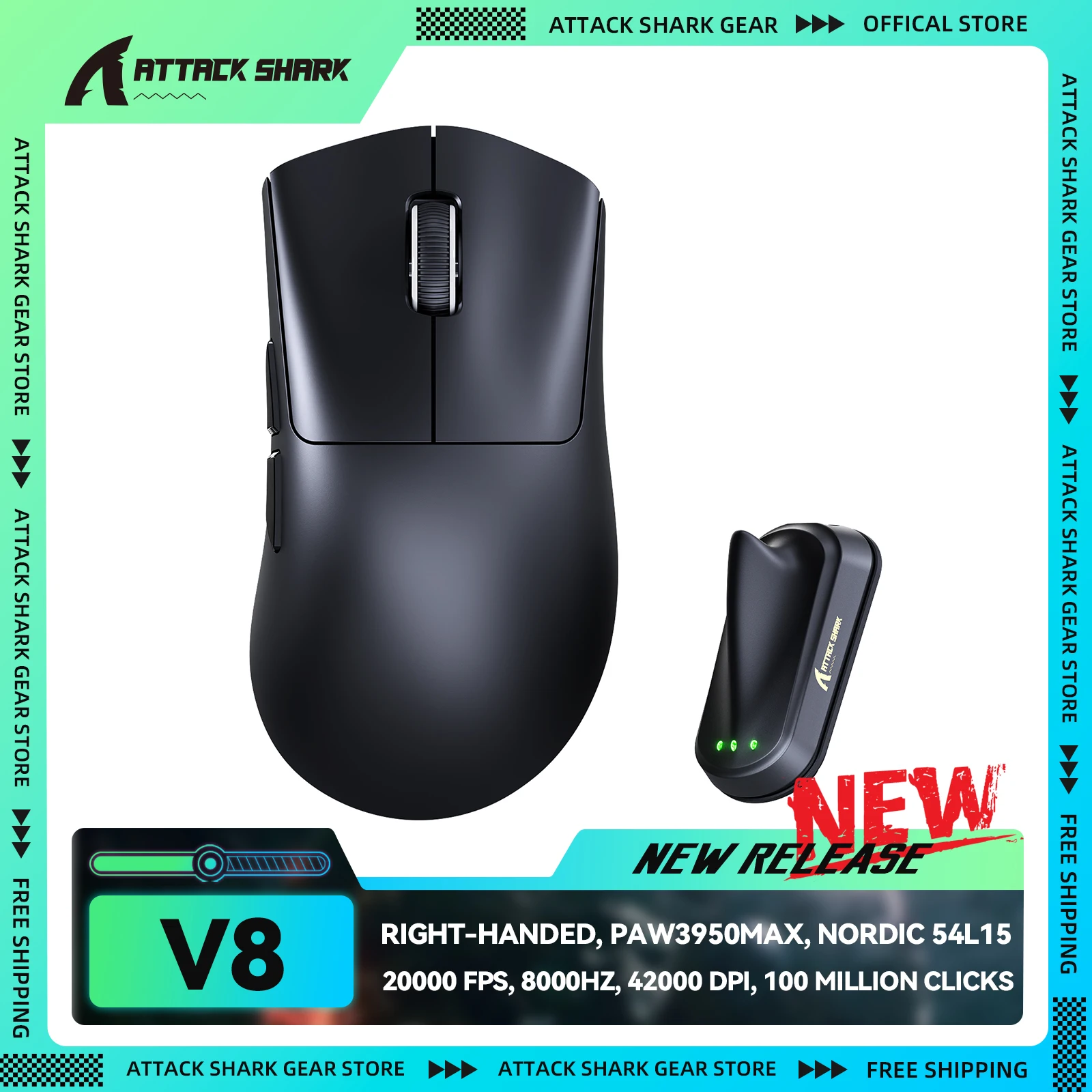 ATTACK SHARK V8 Ultra-Light Ergonomic Wireless Gaming Mouse, Nordic 54L15MCU, PAW3950MAX Sensor, 42000 DPI, Tri Mode Connection