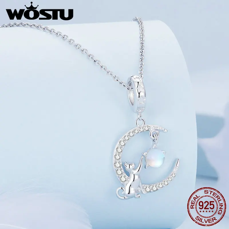 WOSTU 925 Sterling Silver uroczy kot zawieszka koraliki księżyc kamień księżycowy pasujące do oryginalna bransoletka naszyjnik biżuteria DIY prezent