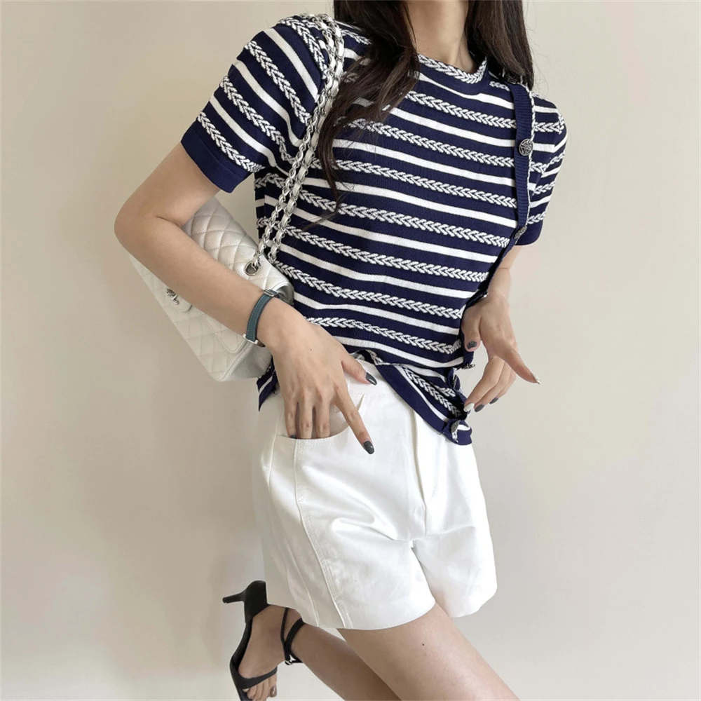 PLAMTEE Summer Retro T-Shirts Sweaters Women Knitwear Office Wear Stripes Hot Stylish 2022 Chic Work Wear Short Sleeves Jumpers