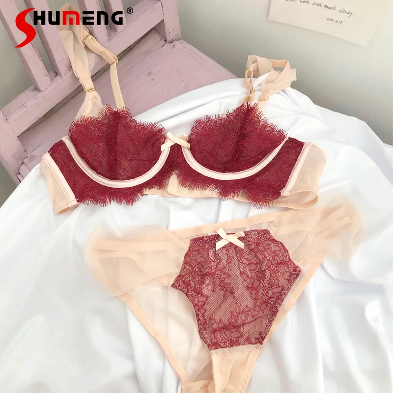 

Sexy French Style Mesh Lace Brief Sets Women's Comfortable Push Up Thin Intimates Female Large Bust Bra Set Red Lingerie