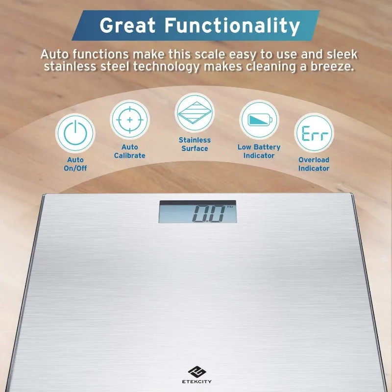 Etekcity Stainless Steel Digital Body Weight Bathroom Scale Step-On Technology Large Blue LCD Backlight Display