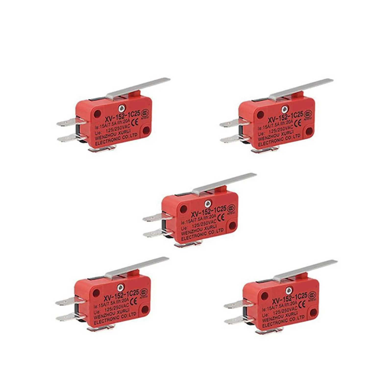 Micro-interrupteur Xv-152-1C25, 5 pièces, rouge, argenté, type levier à charnière droite, actionneur miniature pour Ac125V 250V 15A Nc, poignée pivotante marche/arrêt