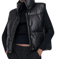 Womens Faux Leather Puffer Vest Stand Collar Lightweight Zip Button Down Sleeveless Winter Cropped Jacket Coat