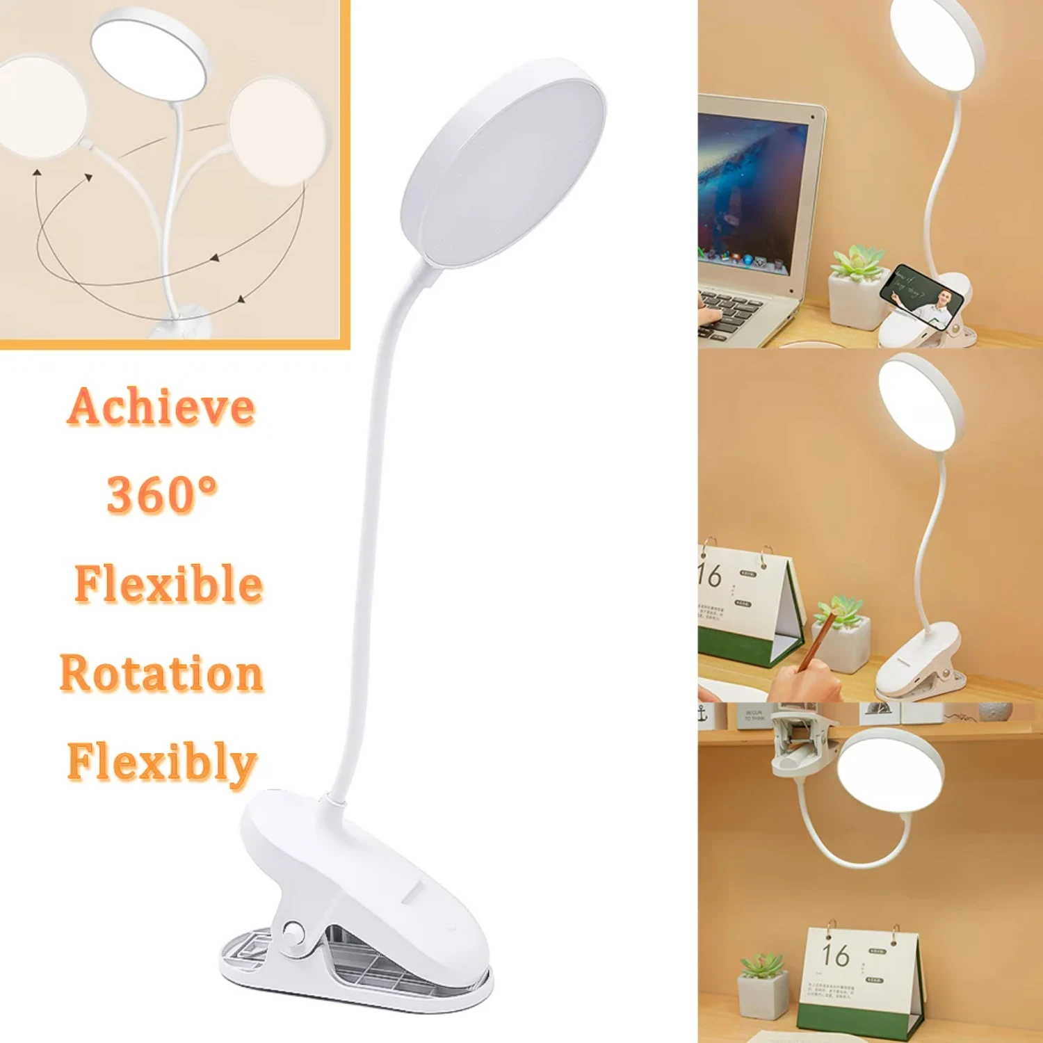 ° Flexible Lamp Clip LED Table Lamps with Clip 3 Brightness Dimming Eye Protection USB Plug Student Night Light Read