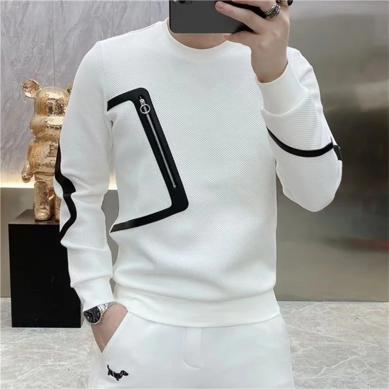 Autumn New Men's O-Neck Sweatshirts Zipper design Contrast Color Fashion Casual Long Sleeve T-shirt  Tops Male Clothes