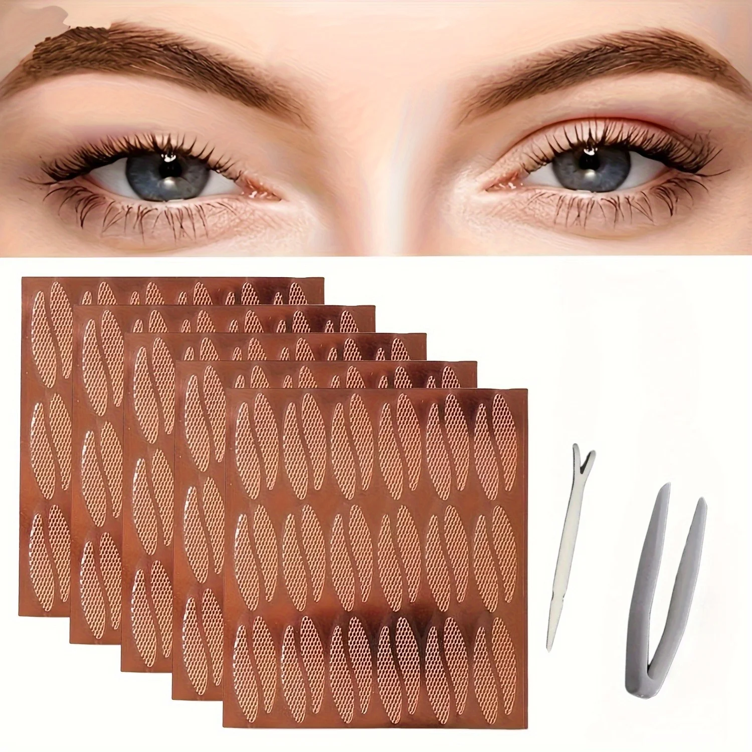 10-Piece Set with Forks and Tweezers, Water-Activated Lace Double Eyelid Tape, Wholesale Invisible Mesh Natural Beauty Tape, Olive Glue-Free Long-Lasting Natural Look, Arc-Shaped Design, Water Drop-Shaped Double Eyelid Tape, Makeup Essential for Enlarging Eyes