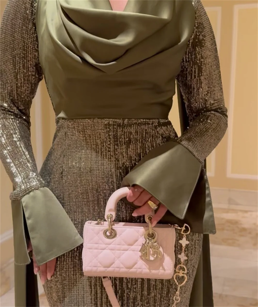 فستان كونتيسا دبي بأكمام جرس لامعة وغمد ثنيات للحفلات الراقصة وربطة عنق وربطة عنق من فساتين سهلة الطول بطول الأرض أردية السهرة