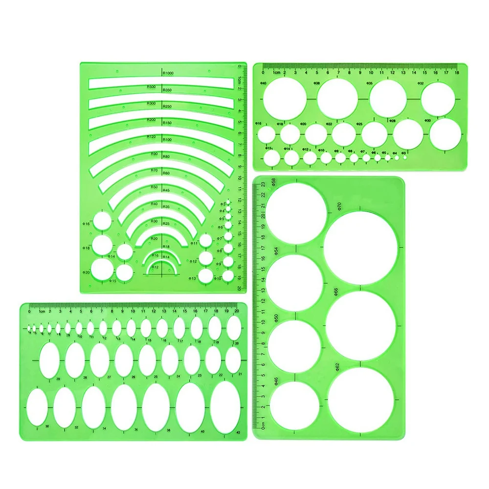 

A66F-4 Pieces Template Plastic Rulers Circle Oval Circle Radius Drawing Templates For Office And School Supplies Clean Green