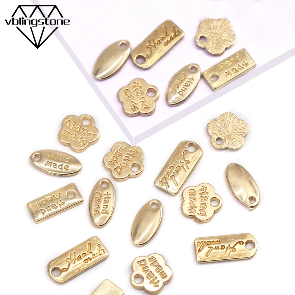 Gold Letters Metal Tags Handmade Labels Square Flower Oval Labels Decorative Hats Bags Sewing Labels Garment Accessories 50Pcs