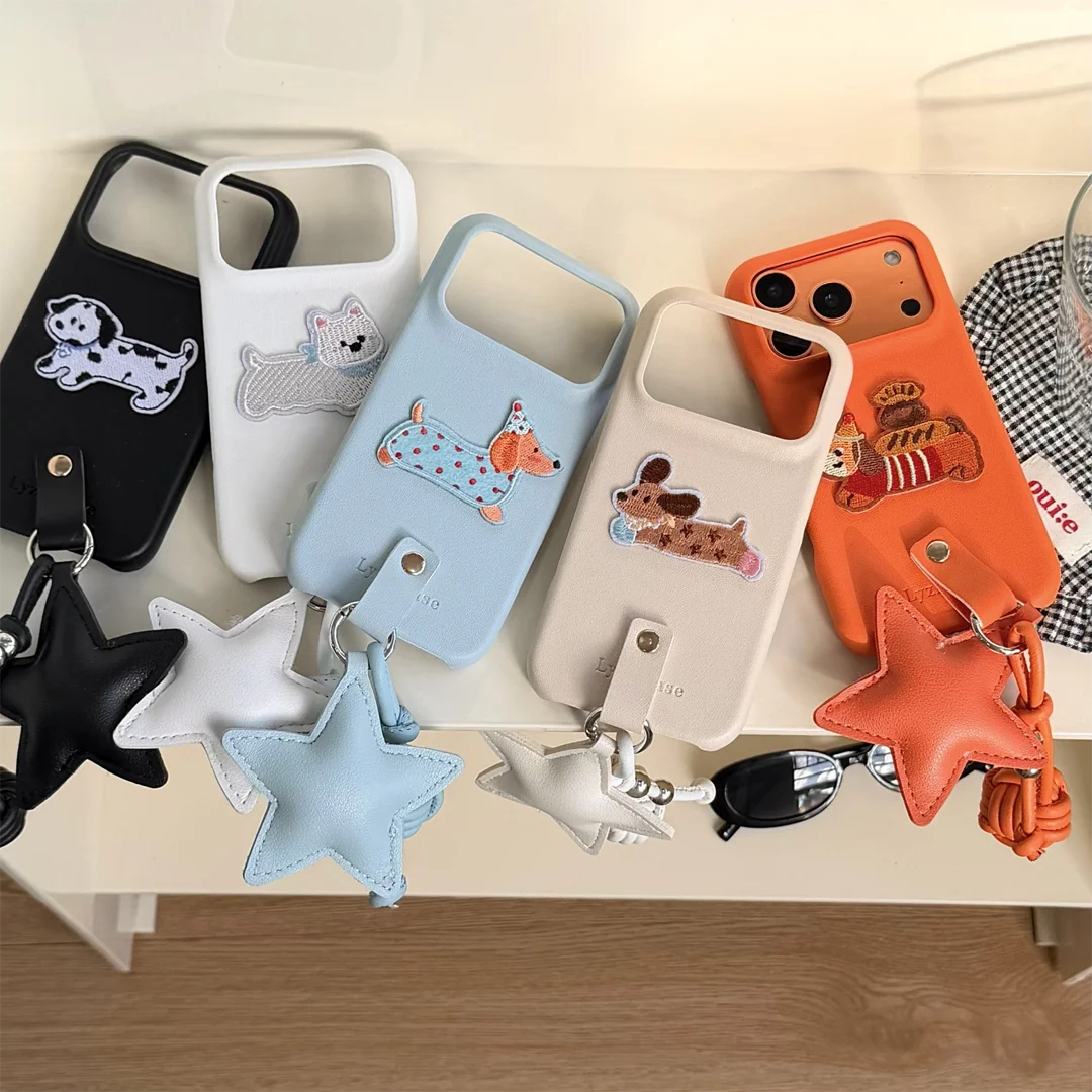 

Hot Cute Star Hangings Embroidered Dog Leather Case For iPhone 13,14,15 Pro,16 Pro Max,17 Air,17 Pro Max Skin Feel Phone Cover