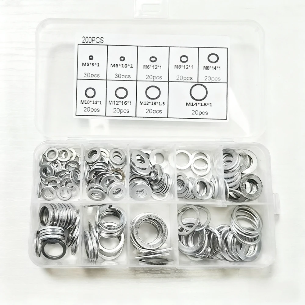 200 szt. Uszczelek korka spustowego oleju, białe podkładki płaskie ze stopu aluminium, podkładki tłoczone, pierścienie uszczelniające, zestaw asortymentowy M5 M6 M8 M10 M12 M14