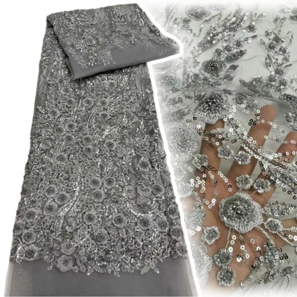 High-End African Groom Embroidered Beaded Lace Fabric 2026 Nigeria Sequins Custom Lace Fabric Party Wedding Dress Sewing 2254