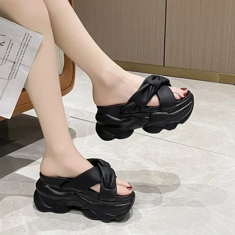 2024 Heel Slipper Woman Thick Sole Open Toe Shoes Summer Women\'s Platform Plain Elevator Slipper Gothic Style Slides