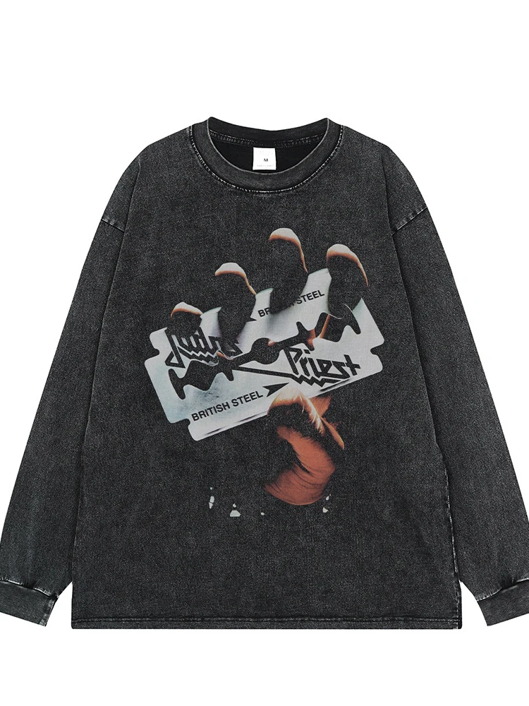 Judas Priest Skull Devil Print T-Shirt Vintage Washed Long Sleeve American Style Street Punk Rock Band Tee Unisex Summer Casu...