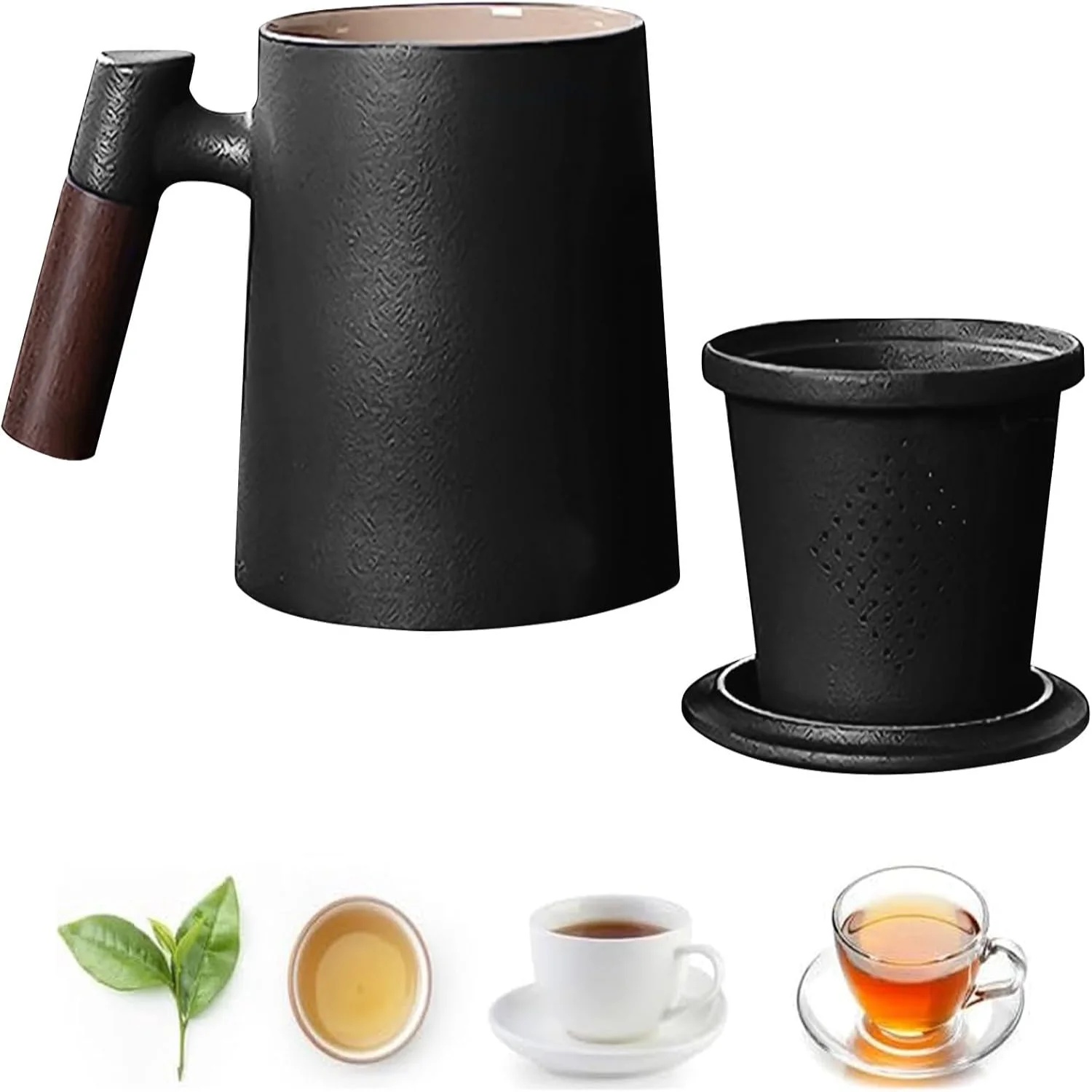 Tea Cup with Infuser and Lid, 13.5 Oz / 400ml Ceramic Tea Mug with Infuser and Lid and Wood Handle, Vintage Steeping Tea Cup, Te