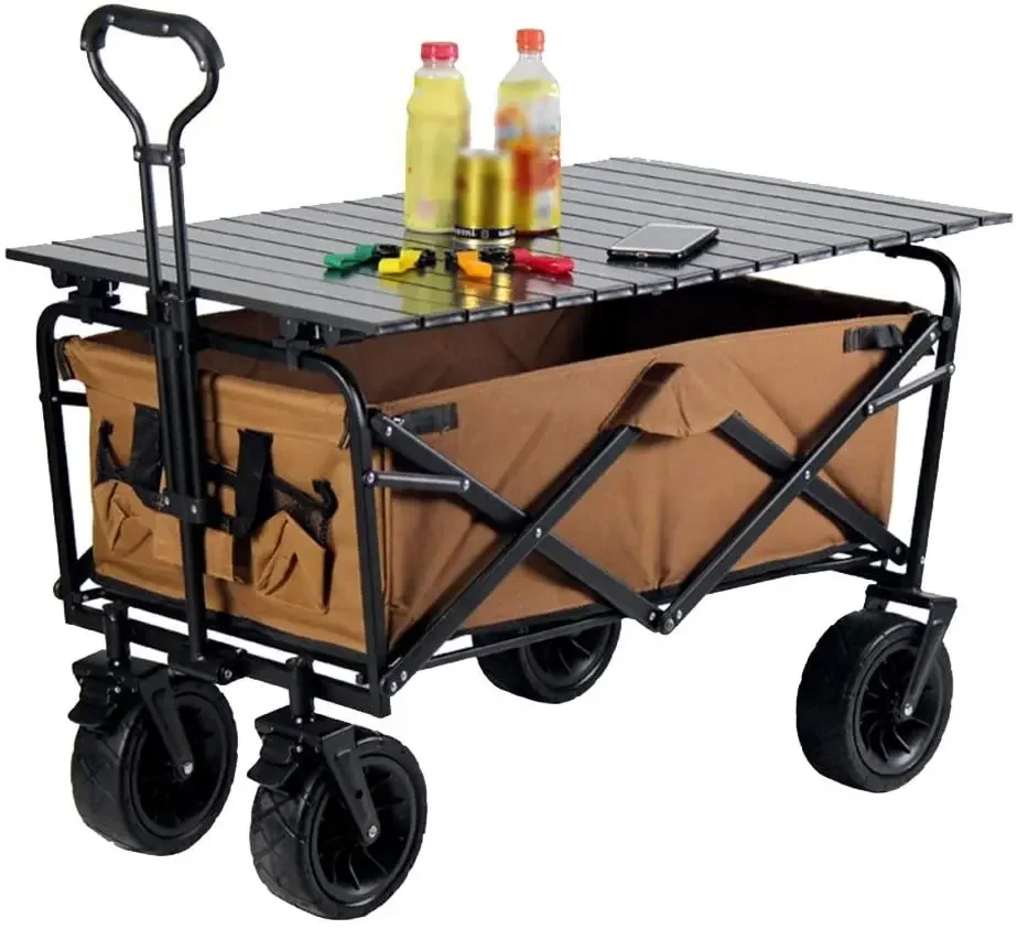 

Outdoor Portable Folding Camping 4 Wheeled Trolley Heavy Duty Beach Foldable Wagon Cart with Table