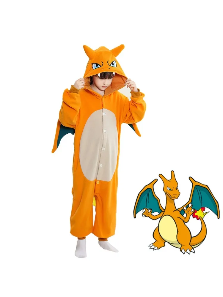 Costume de cosplay Charizard Pokemon pour garçon et fille, combinaison d'Halloween amusante et mignonne, Kigurumis Anime, combinaison à boutons, tenue de dragon avec ailes