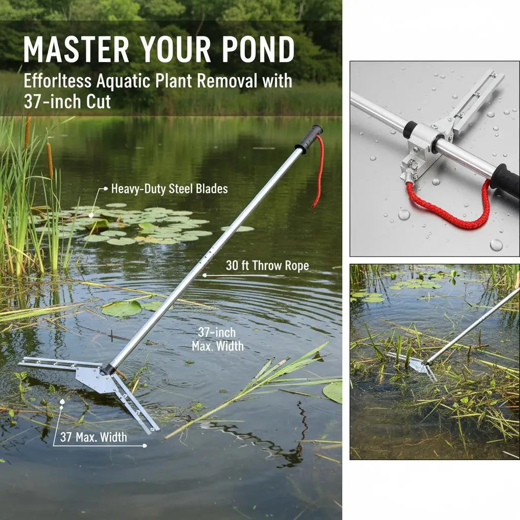 

Морожущая машина для удаления водных растений 37 дюймов для берегов прудов и озер, с лезвиями из высокопрочной углеродистой стали, 30-футовый трос для ручного управления, для удаления сорняков