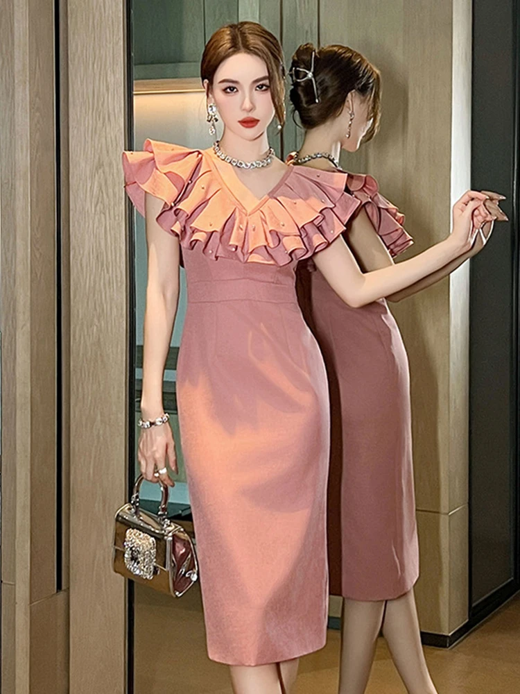 Vestido de noche Rosa elegante para mujer, ropa Formal con volantes, cuello en V, Fiesta de graduación