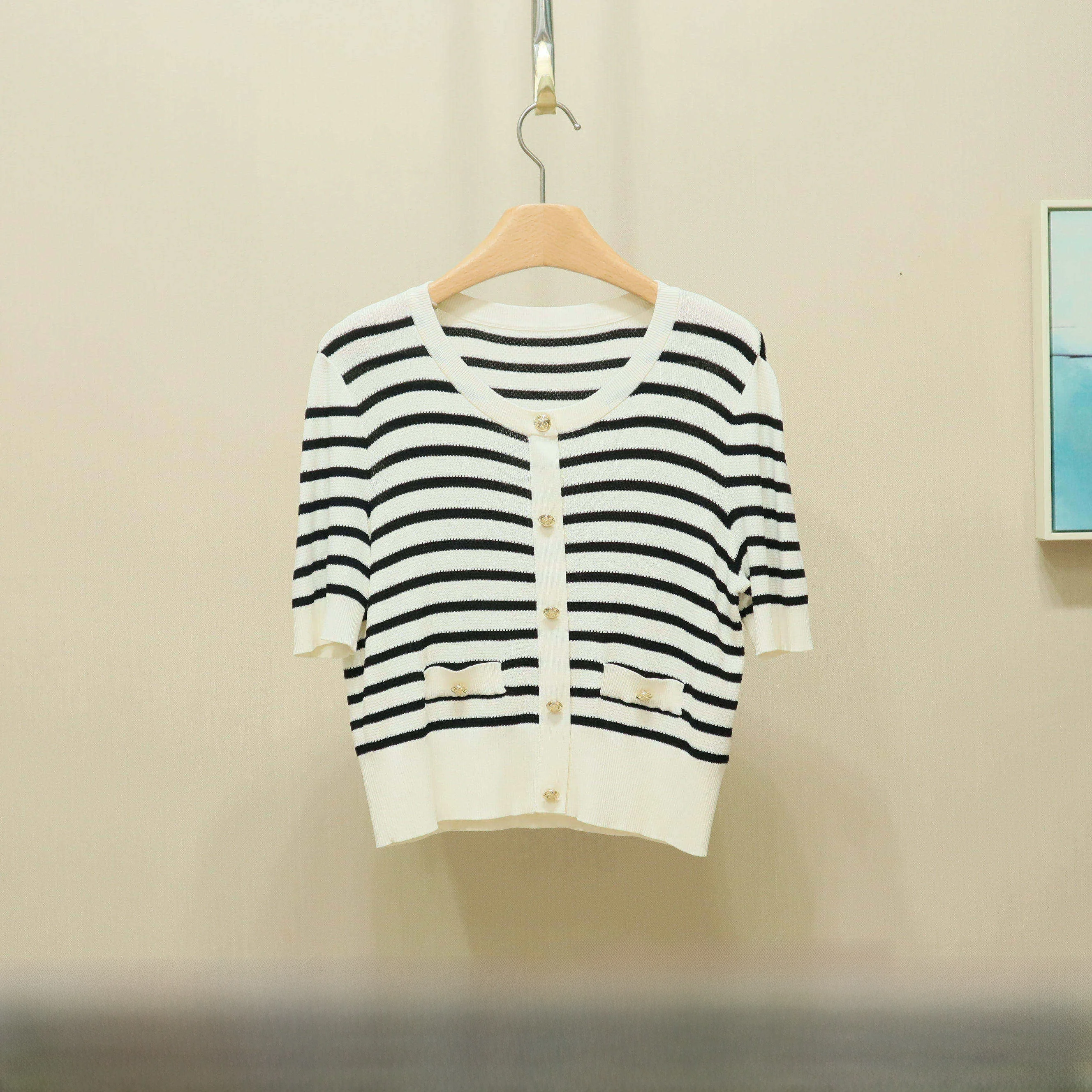 

Новый летний стиль: полосатый вязаный свитер с коротким рукавом, удобный, дышащий, женский, модный, повседневный, с круглым вырезом