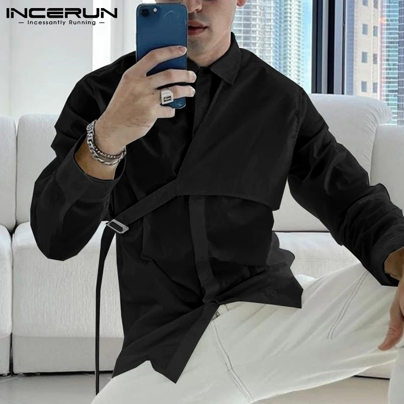 Men\'s Casual Shirt Streetwear Lapel Long Sleeve Solid Color Fashion Irregular Shirts 2024 Korean Leisure Men Clothing INCERUN