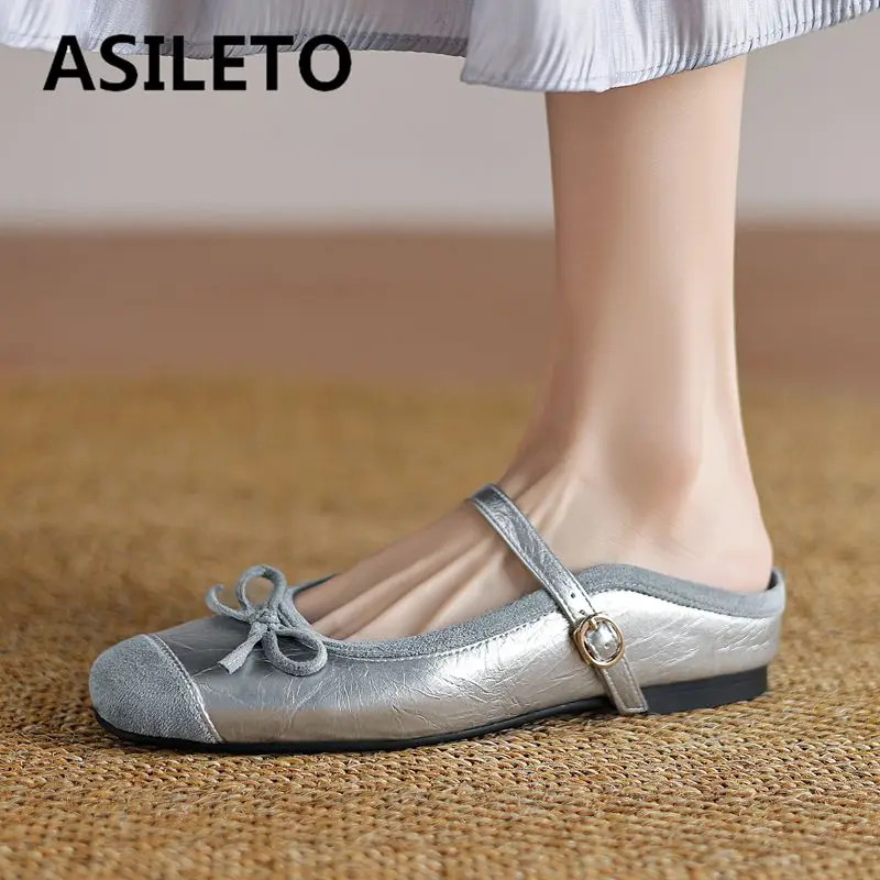 

ASILETO 2025 Fashion Women Sandals Square Toe Flock Suede Belt Buckle Bowknot Slip On Mules Plus Size 42 43 Sweet Daily Shoes