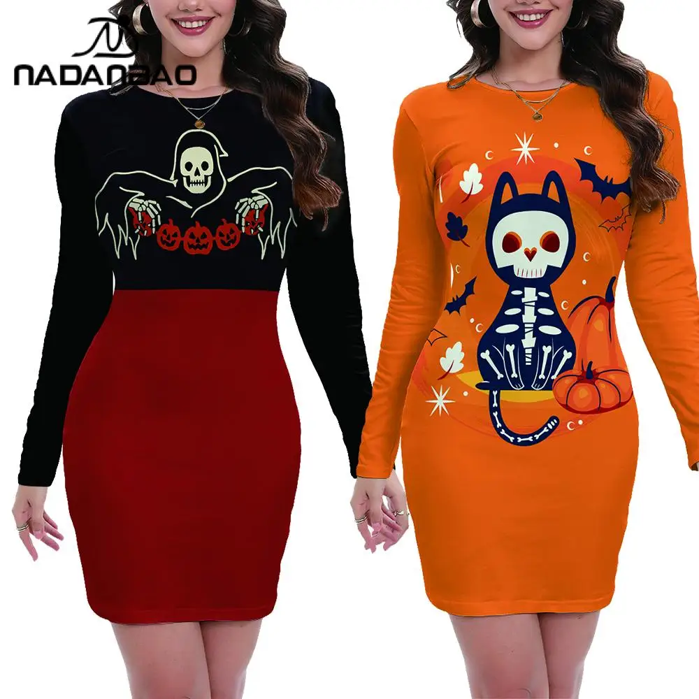 

Nadanbao Women Dresses Halloween Skull Pumpkin Cat 3D Print Party Long Sleeved Women Clothing Adult Dress Up Cosplay Costume