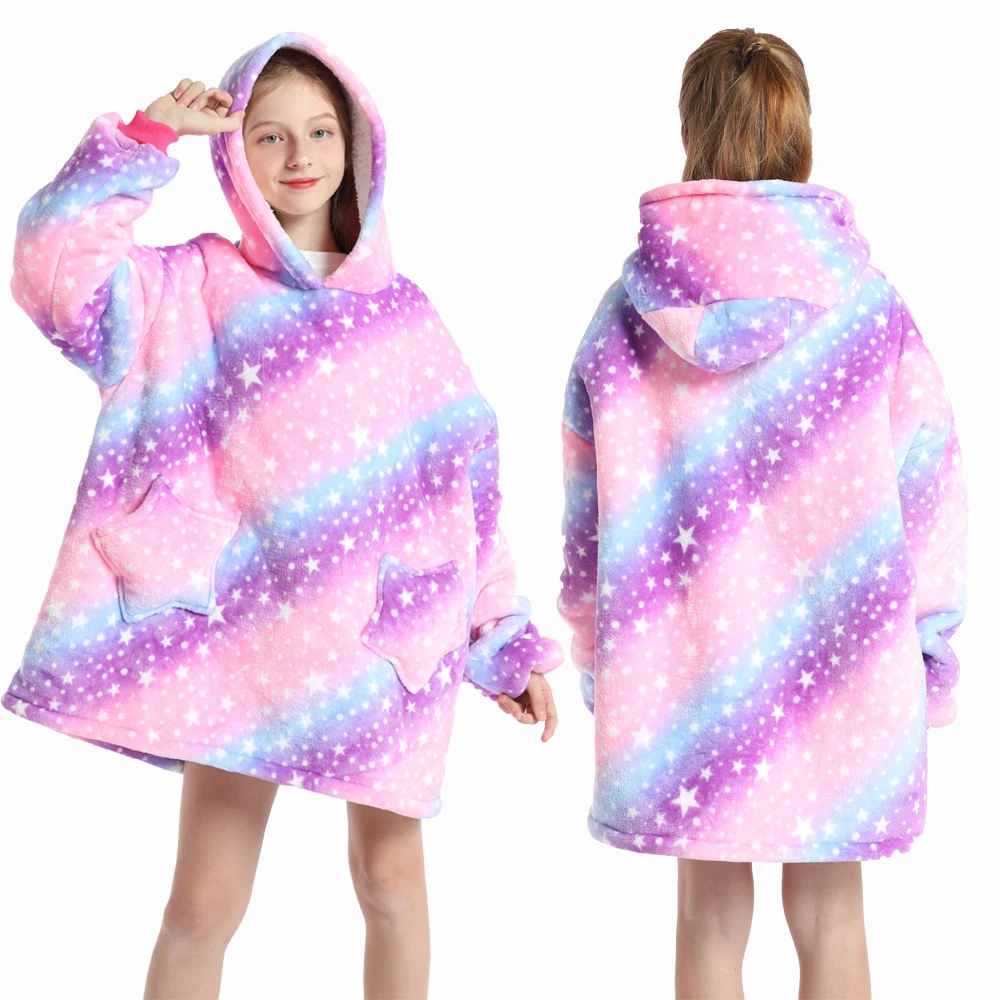 Kids Hoodie Oversized Blanket with Sleeves Unicorn Print Cute Girls Sweatshirt Teenage Boys Hoodie Children Winter Loose Clothes