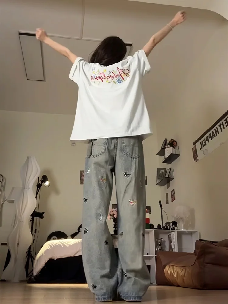 بالإضافة إلى حجم الجينز الأمريكي Sle مستقيم الساق المرأة فضفاضة عالية الخصر التخسيس واسعة الساق طول الأرض بنطلون لباس غير رسمي #5