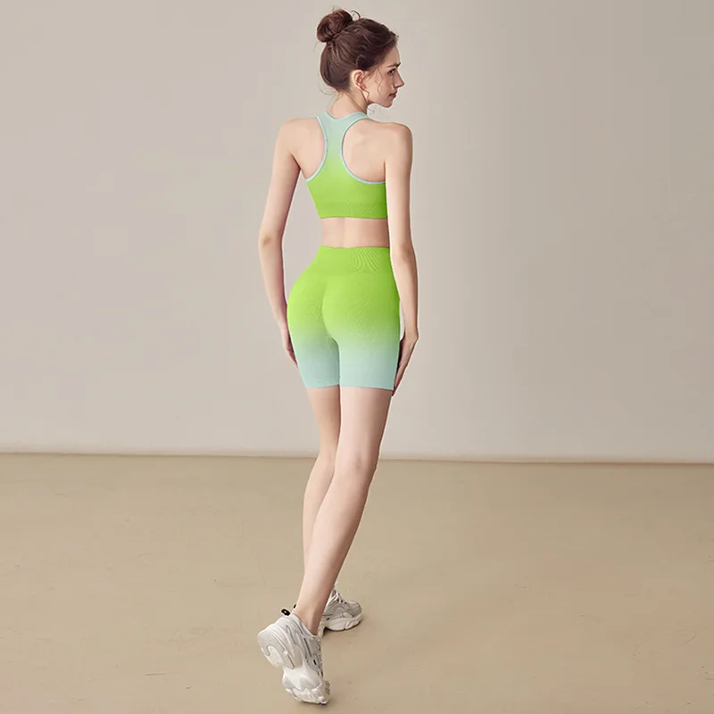 Women 2 Piece Yoga Set Dopamine Gradient Color Sports Suit High Elastic Fitness Outfit for Outdoor Running Training Workout Gym