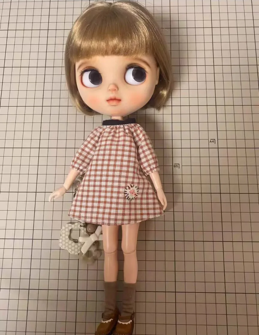 1pcs casucal style Blythe/landoudou gingham one-piece dress (Fit for azone,Pullip,Ob22,24,26, Licca)