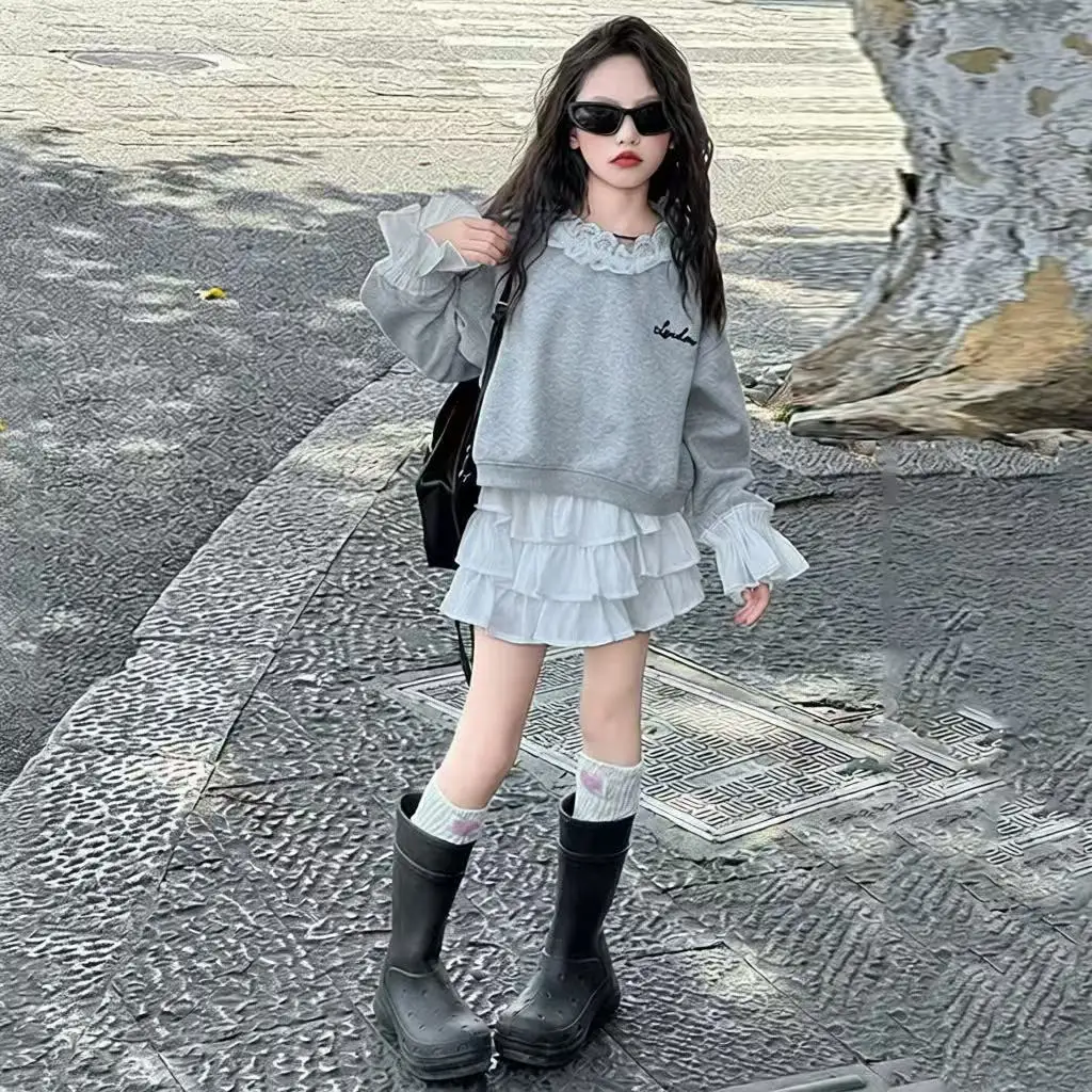 2026 Spring Autumn Teens Tracksuit Girls Cloth 1pc Letters T-shirt Lace Hooded Sweatshirt or 1pc Kids layers Skirt 5 10 12 year